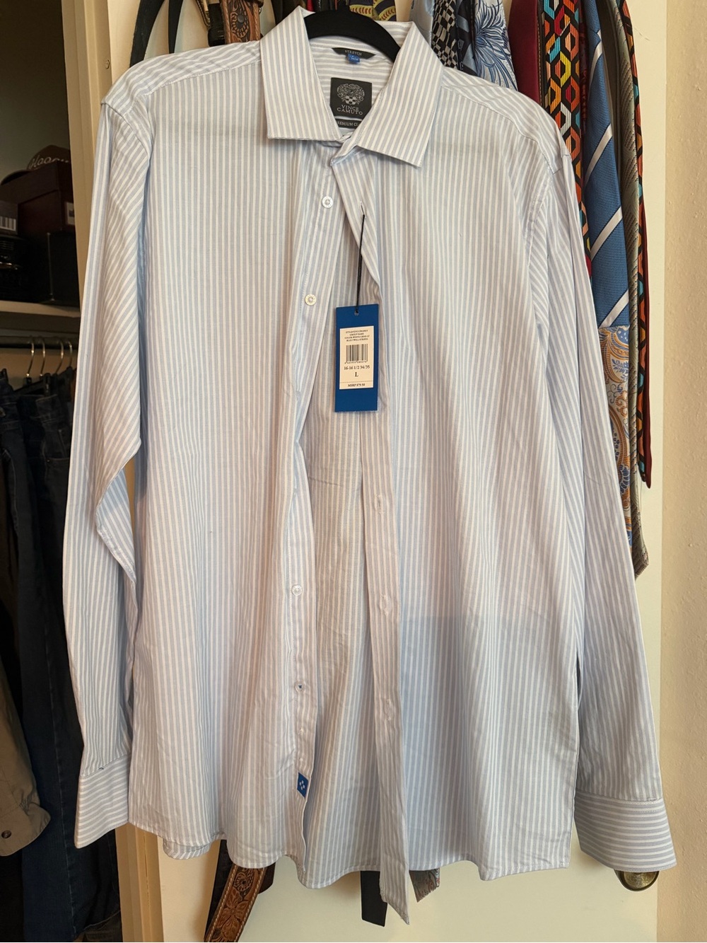 Vince Camuto Men's Light Blue and White Pinstripe Dress Shirt